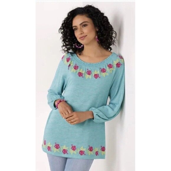 Soft Surroundings Size Medium Tunic Top 2EC23 Blue Embroidered Flower Trim - Picture 1 of 9